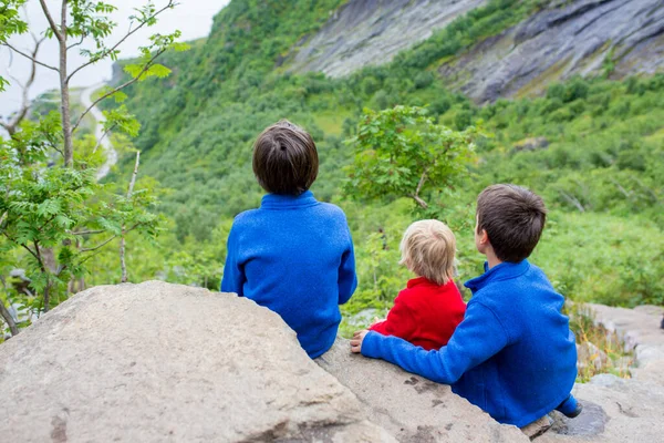 Children Toddler Brothers Father Climbing Stairs Reinebringen Trekking Path Leading — Stockfoto