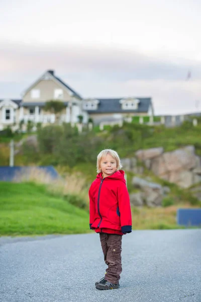 Cute Little Child Enjoying View Small Village End Lofoten Northern — Fotografia de Stock