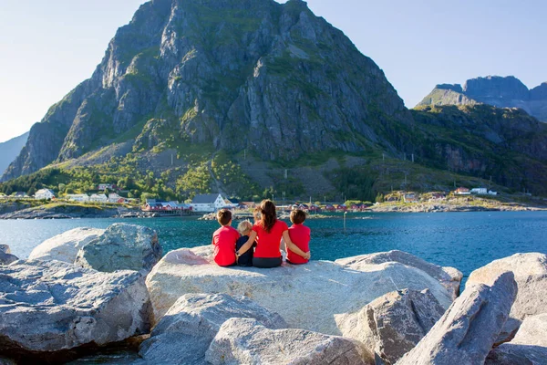 Happy Family Enjoying Pier Sorvagen Lofoten Island Norway Children Running — стоковое фото