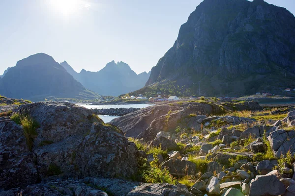 Happy Family Enjoying Pier Sorvagen Lofoten Island Norway Children Running — Zdjęcie stockowe