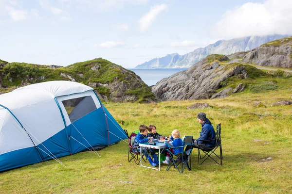 Happy Family Three Kids Wild Camping Norway Summertime People Having — Zdjęcie stockowe