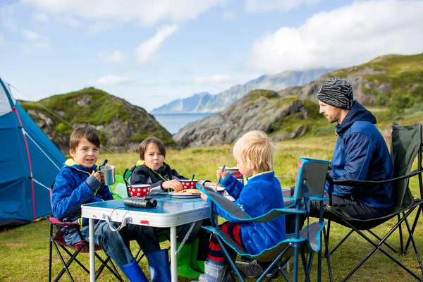 Happy Family Three Kids Wild Camping Norway Summertime People Having — Zdjęcie stockowe