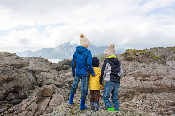 Çocuk Norveç Lofoten Bir Uçurumun Kenarından Manzaranın Keyfini Çıkarıyor Nanılmaz — Stok fotoğraf