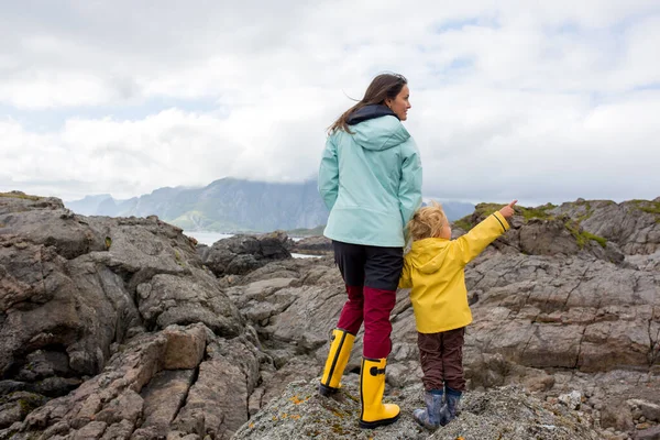 在挪威的罗浮敦 孩子从悬崖边欣赏着一幅风景如画的风景 令人惊奇的美丽的挪威人自然 — 图库照片