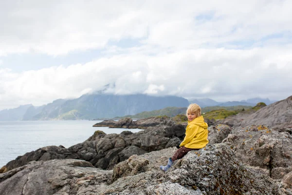 Child Enjoying Picturesque View Edge Cliff Lofoten Norway Amazing Beautiful — Zdjęcie stockowe