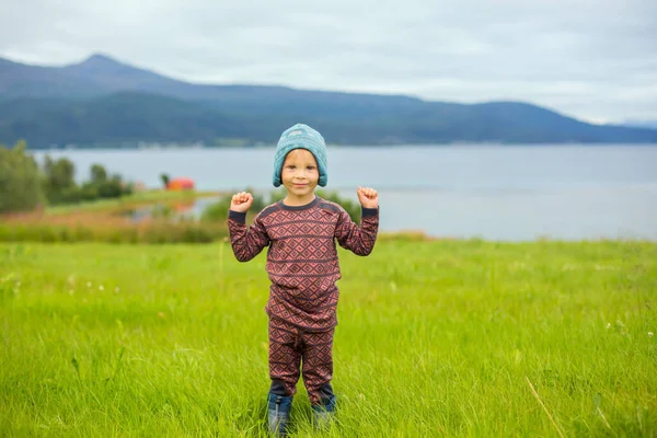 Beautiful Toddler Child Blond Boy Thermo Cloths Having Portraits Norwegian — Fotografia de Stock