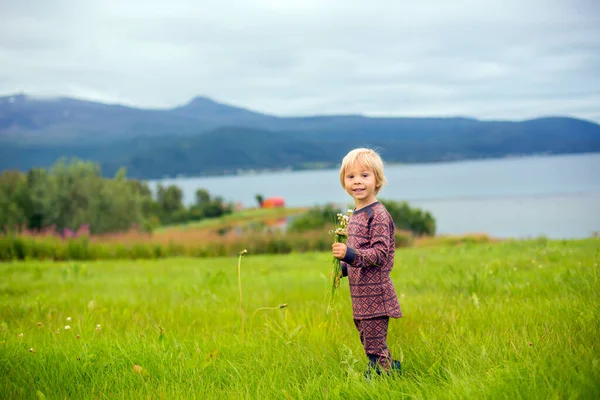 Prachtig Peuterkind Blond Jongetje Thermo Kleding Met Portretten Noors Uitgestrekte — Stockfoto