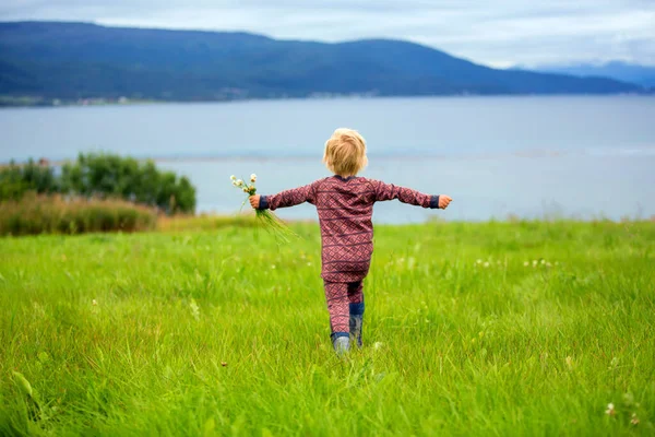 Beautiful Toddler Child Blond Boy Thermo Cloths Having Portraits Norwegian — Stockfoto