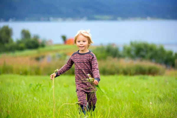 Beautiful Toddler Child Blond Boy Thermo Cloths Having Portraits Norwegian — Fotografia de Stock