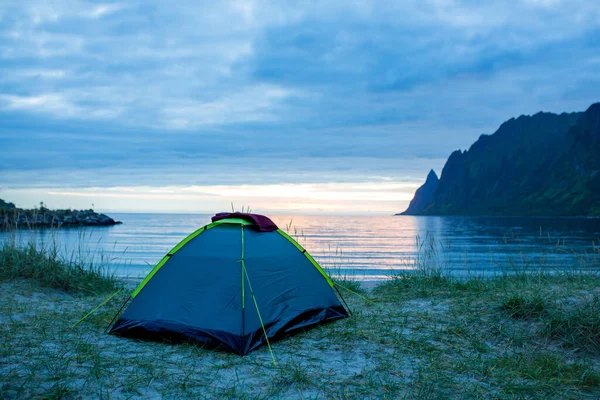 Children Enjoying Sunset Ersfjord Beach Senja Island Beautiful Landscape View — Zdjęcie stockowe