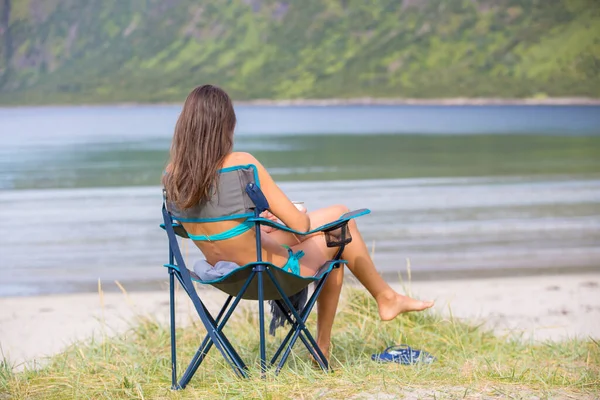 Woman Sitting Camping Folding Armchair Enjoying Day Nature Bathing Suit — Photo