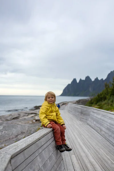 Child Tungeneset Senja Norway Enjoying Beautiful View Fjords — Fotografia de Stock