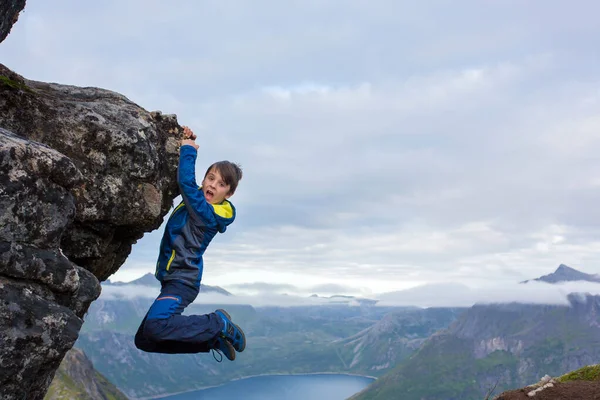 Happy Child Hanging Rock Segla Mountain Senja Island North Norway — Zdjęcie stockowe