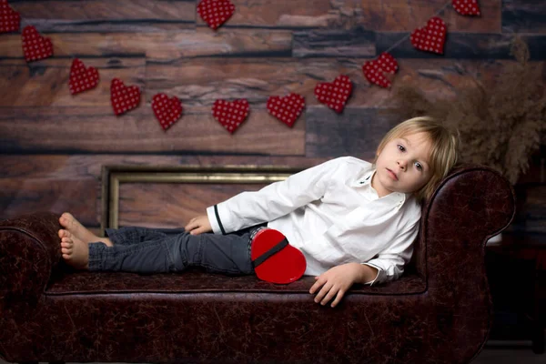 Cute Toddler Blond Child Cute Boy Valentine Decoration Love Flowers — Stockfoto