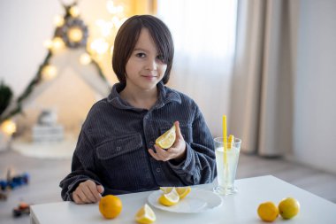 Tatlı çocuk, uzun saçlı çocuk, evde limon yalayan ve limonata içen, komik suratlar yapan.
