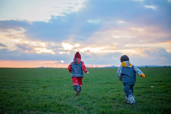 Zwei Entzückende Kinder Junge Brüder Die Einen Wunderschönen Sonnenuntergang Über — Stockfoto