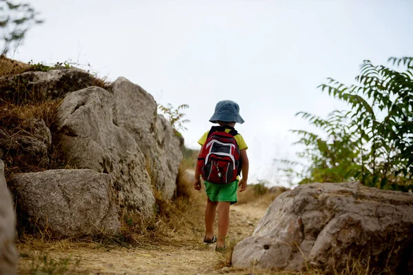 Netter Junge Vorschulalter Mit Rucksack Einem Bewölkten Tag Einem Berg — Stockfoto