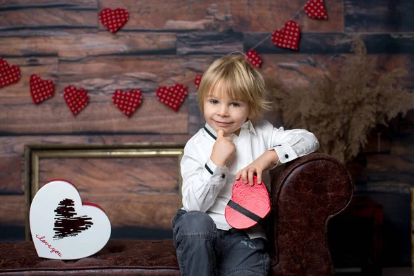 Cute Toddler Blond Child Cute Boy Valentine Decoration Love Flowers — Stockfoto
