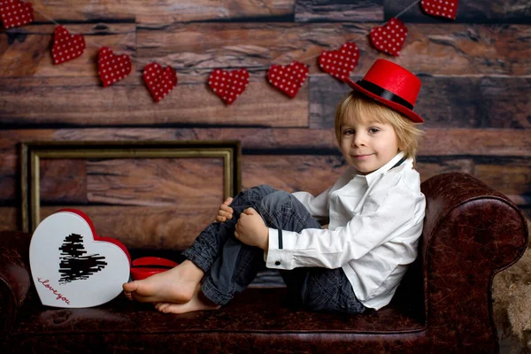 Cute Toddler Blond Child Cute Boy Valentine Decoration Love Flowers — Stock Photo, Image