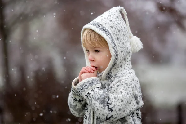 Yapımı Örgü Süveteri Olan Güzel Sarışın Çocuk Parkta Ilk Karla — Stok fotoğraf