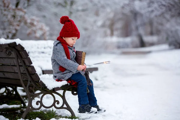 漂亮的幼儿 可爱的男孩 冬天在雪地公园玩耍 多云的天 — 图库照片