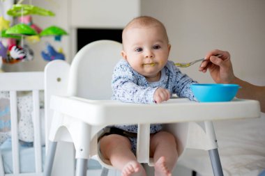 Gülümseyen püresi sebze yemek için onu tatlı yürümeye başlayan çocuk, beslenme anne şirin küçük oğlu,