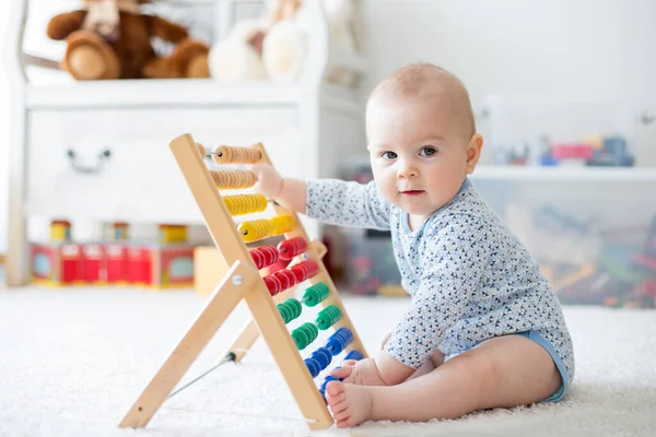 Cute Little Baby Boy Playing Abacus Home Sunny Kids Room — Stock Photo, Image