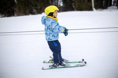 Küçük çocuk, anaokulu çocuğu, ilk kez küçük bir kayak yamacında kayak yapıyor.