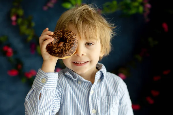 Cute Little Blond Child Preschool Boy Eating Pink Donut Shape — Stock Photo, Image