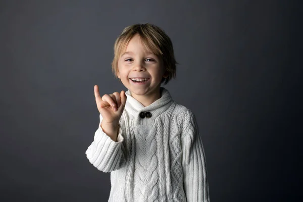 Cute Little Toddler Boy Showing Gesture Sign Language Gray Background — Stock Photo, Image