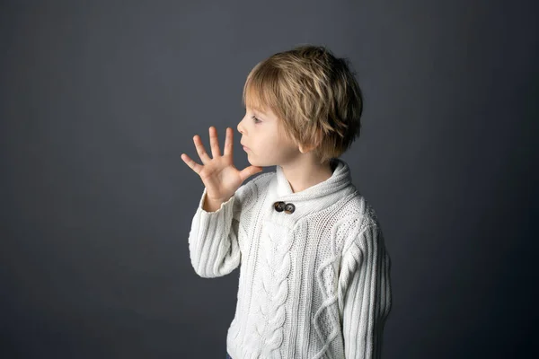 Cute Little Toddler Boy Showing Mother Gesture Sign Language Gray — Stock Photo, Image