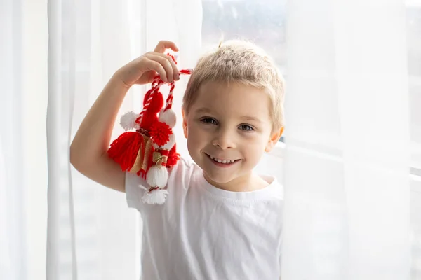 Cute Child Blond Boy Playing White Red Bracelet Bulgarian Martenitsa — Stock Photo, Image