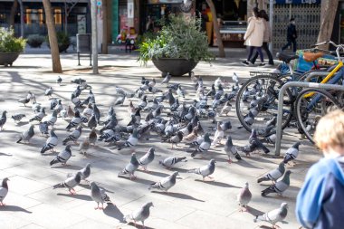 Barselona şehrine hayranlık duyan şirin çocuk turistler, İspanya 'da çocuklarla aile seyahati.