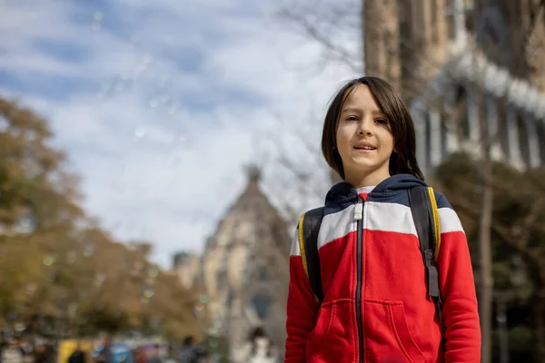 Cute Little Children Tourists Admiring Barcelona City Family Travel Kids — Stock Photo, Image