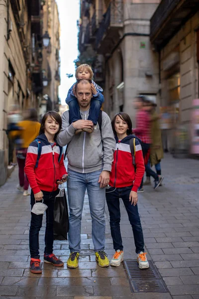 Cute Little Children Tourists Admiring Barcelona City Family Travel Kids — Stock Photo, Image