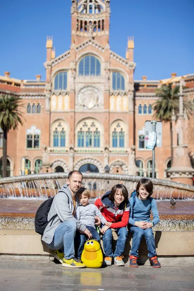 Cute Little Children Tourists Father Admiring Barcelona City Family Travel — Stock Photo, Image