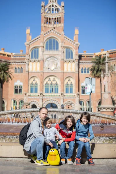 Cute Little Children Tourists Father Admiring Barcelona City Family Travel — Stock Photo, Image
