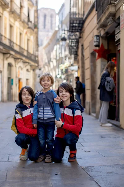Cute Little Children Tourists Admiring Barcelona City Family Travel Kids Royalty Free Stock Photos