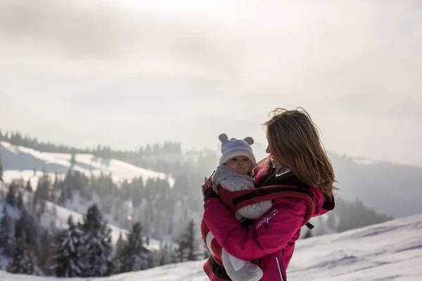 Молодая Мать Неся Своего Мальчика Стропе Взбираясь Пик Зимы Австрийские — стоковое фото