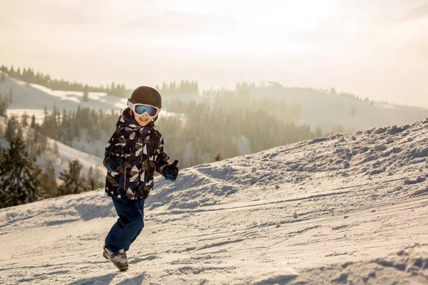 Cute Preschool Child Boy Skiing Happily Austrian Apls Sunny Beautiful — Stock Photo, Image