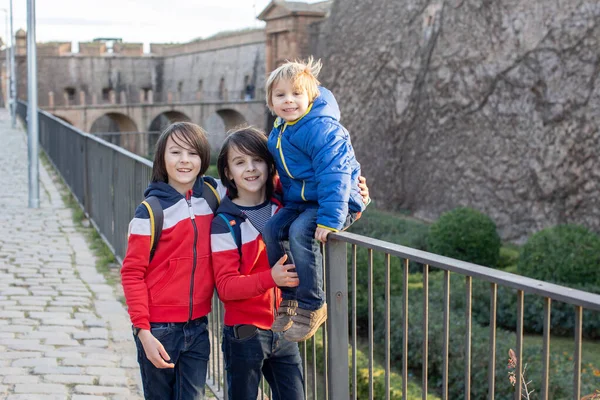 Cute Little Children Tourists Admiring Barcelona City Family Travel Kids — Stock Photo, Image