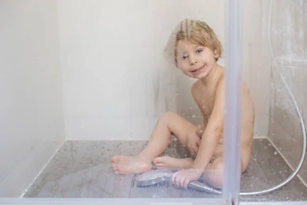 Blond Child Sweet Toddler Boy Bathroom Taking Shower Sitting Floor — Stock Photo, Image