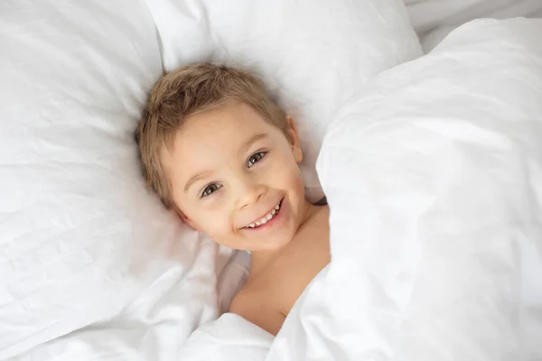 美しいブロンドの幼児の子供 男の子 テディベアのおもちゃでベッドで寝て 編んだウサギ — ストック写真