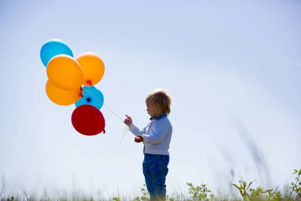 Mały Chłopiec Maluch Dziecko Bawiąc Się Kolorowe Balony Parku Dzieci — Zdjęcie stockowe