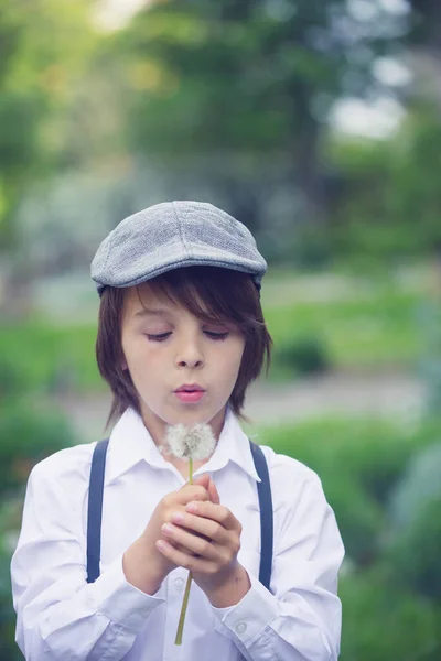 Child Retro Clothing Wearing Hats Suspenders White Shirt Blowing Dandelions — Stock Photo, Image