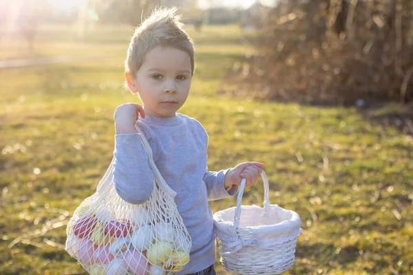 Lindo Niño Recogiendo Huevos Colores Pascua Una Canasta Parque Primavera —  Fotos de Stock