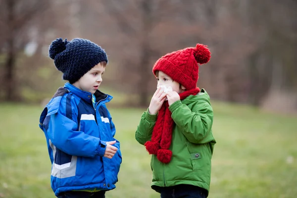 Liten Pojke Nysningar Och Blåser Näsan Utomhus Solig Vinterdag — Stockfoto