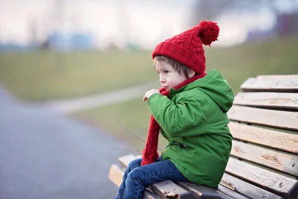 Kleiner Junge Der Einem Sonnigen Wintertag Freien Niest Und Die — Stockfoto