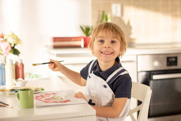 Cute Blond Boy Preschool Child Painting Home Aquarelle Colors Card — Stock Photo, Image