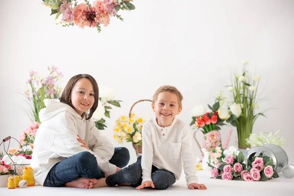 Söt Snygg Småbarn Och Äldre Bror Pojkar Med Vit Skjorta — Stockfoto